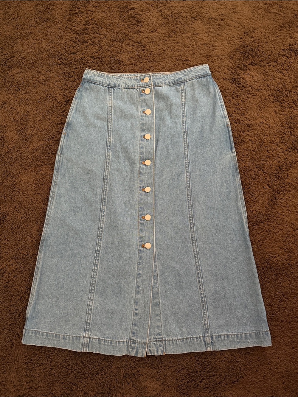 Light Blue Button-Front Denim Midi Skirt - Classic A-Line